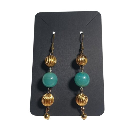 Handmade Gold Tone Aqua Beaded Dangle Drop Earring Hook Back Upcycle Twice Loved - Picture 1 of 4